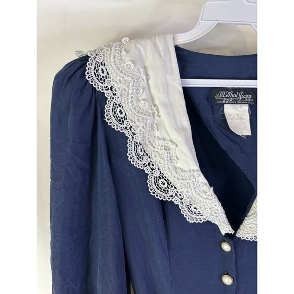 Vintage 80s Lace Trim Collar Puff Sleeve Button Dress USA Grunge Cottag - Picture 6 of 8
